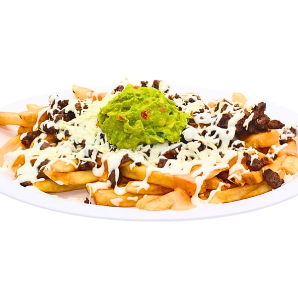 Golden french fries topped with seasoned beef, melted cheese, creamy white sauce, and a dollop of guacamole.