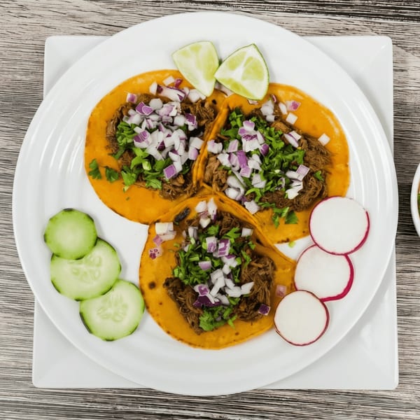 Three birria tacos with cilantro, onions, lime, cucumber, and radish on a white plate.