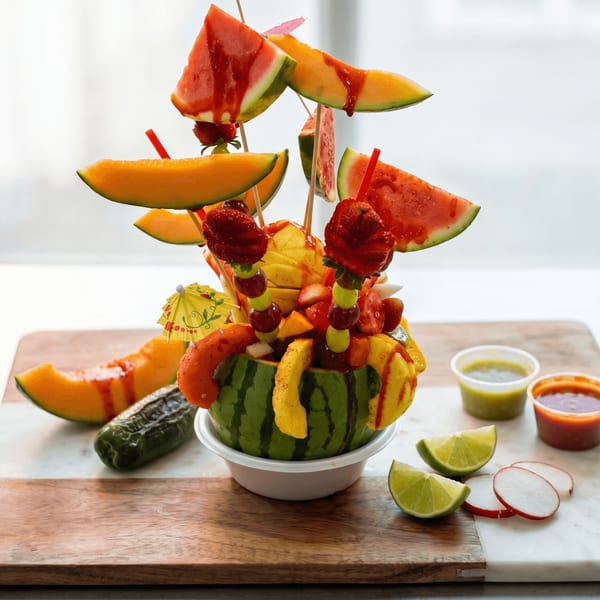 A vibrant fruit arrangement with watermelon, cantaloupe, strawberries, and grapes, drizzled with sauce.